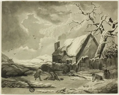 Winter Scene with People Outside a Cottage Near a Pond