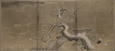 Winter Scene with Plum Trees and Pheasants (Birds Left)
