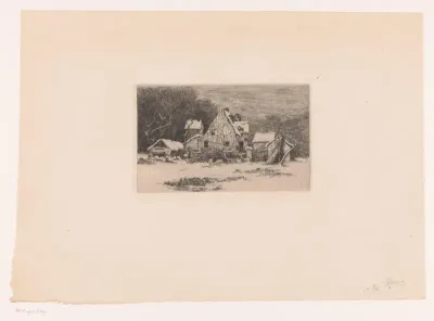 Wintergezicht met boerderij met twee varkens