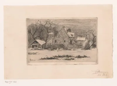 Wintergezicht met boerderij met twee varkens