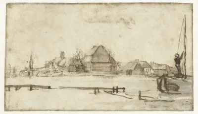 Wintergezicht met een vaart, huizen en twee schepen