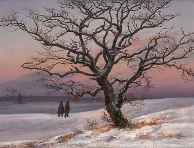 Winterlandschaft mit Baum und zwei Wanderern