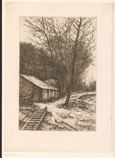 Winterlandschap met boerderij bij een trap
