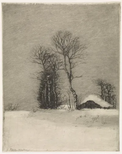 Winterlandschap met boerderij en bomen