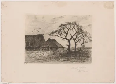 Winterlandschap met boerderij en drie bomen