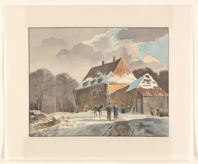 Winterlandschap met boerderij en figuren op een pad