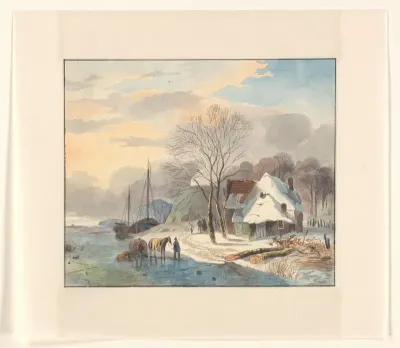 Winterlandschap met boerderij en kalkoven aan een rivier