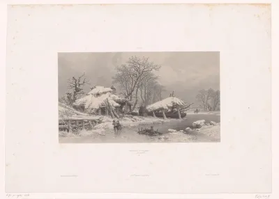 Winterlandschap met boerderij en kinderen op het ijs