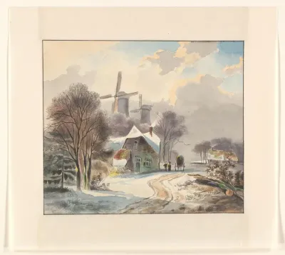Winterlandschap met boerderijen en molens