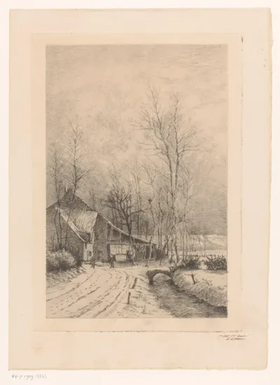 Winterlandschap met boerenwoning gelegen in een bocht
