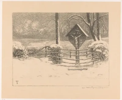 Winterlandschap met crucifix in de Ardennen