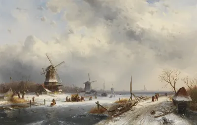 Winterlandschap met drie molens