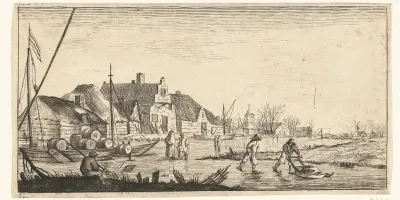 Winterlandschap met een dorp aan een rivier