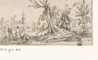 Winterlandschap met een kerktoren op de achtergrond