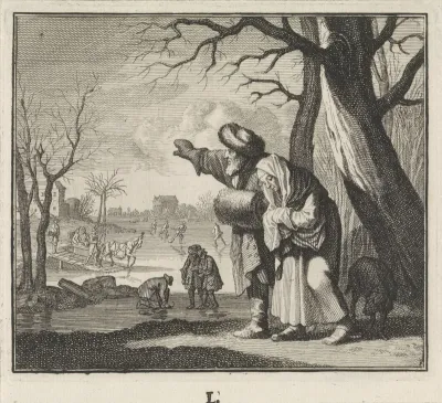 Winterlandschap met een oud paar op de voorgrond