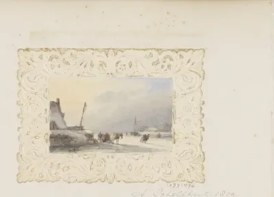 Winterlandschap met figuren en een bepakt paard op het ijs