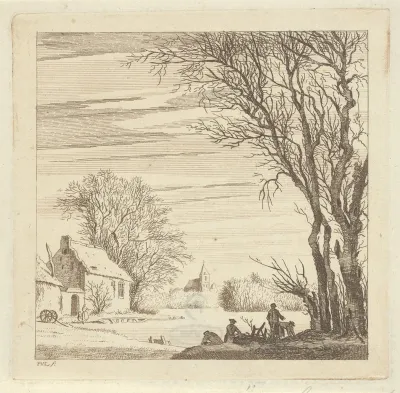 Winterlandschap met figuren op de oever