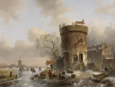Winterlandschap met figuren op een bevroren rivier bij een toren