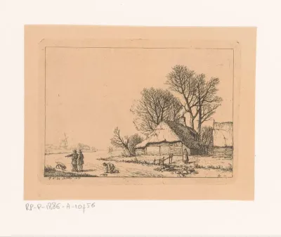 Winterlandschap met figuren op het ijs en een vrouw op de kant bij een wak