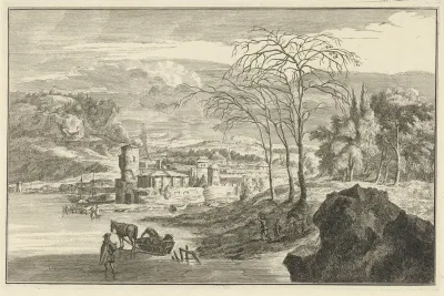 Winterlandschap met gezicht op een stad