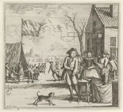 Winterlandschap met herberg en schaatsers