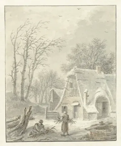 Winterlandschap met houtsprokkelaars voor boerderij