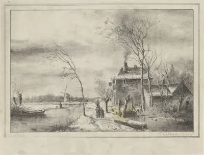 Winterlandschap met huis en sloot