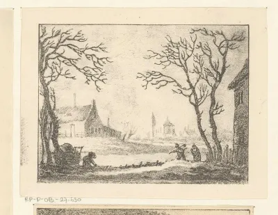 Winterlandschap met huizen en figuren