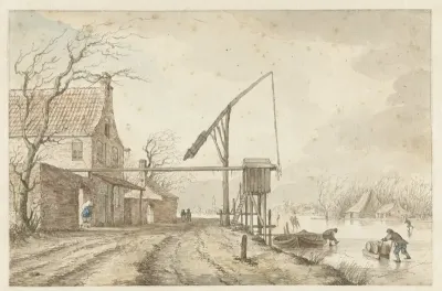Winterlandschap met huizen en hefboom langs bevroren vaart