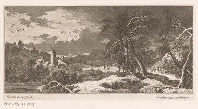 Winterlandschap met huizen en toren
