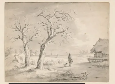 Winterlandschap met jager op het ijs