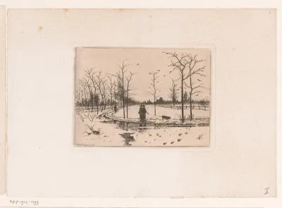 Winterlandschap met jagers en een hond