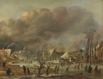 Winterlandschap met kerk en boerderijen