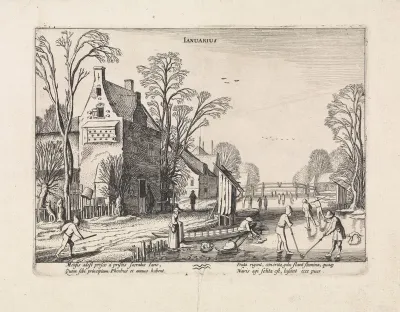 Winterlandschap met kolfspelers op het ijs: januari