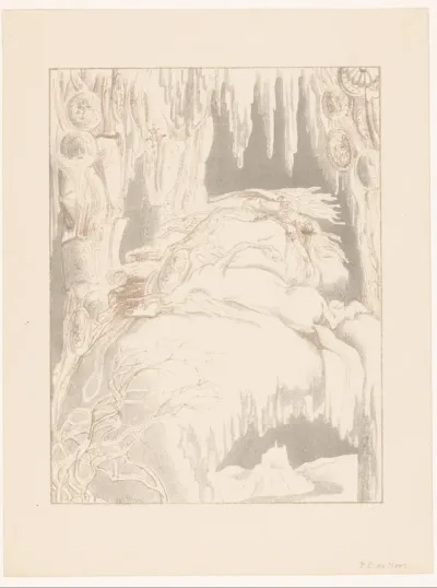 Winterlandschap met liggende vrouw en paard