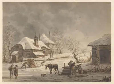 Winterlandschap met mensen die turf en takken halen