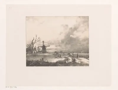 Winterlandschap met molen en figuren