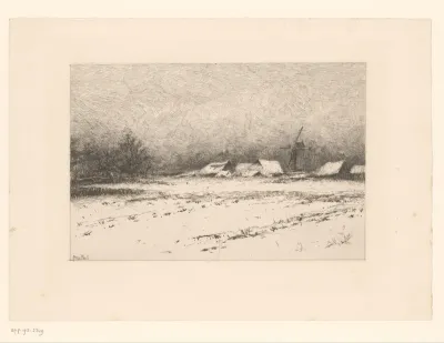 Winterlandschap met molen en huizen
