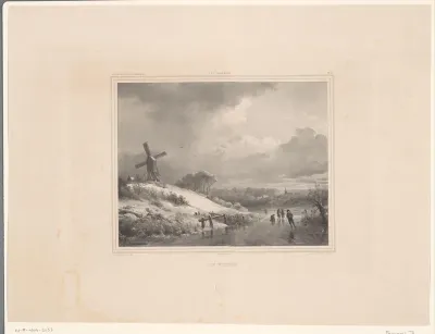 Winterlandschap met molen en schaatsers