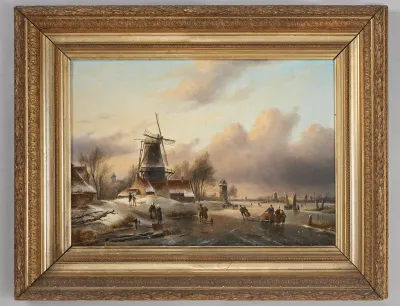 Winterlandschap met molens, schaatsers en een koek-en-zopie, 1852–1894