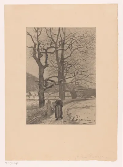 Winterlandschap met oude vrouw op een pad naar een dorp