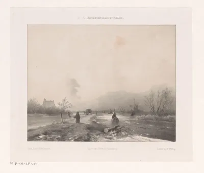 Winterlandschap met schaatsende figuren en molen