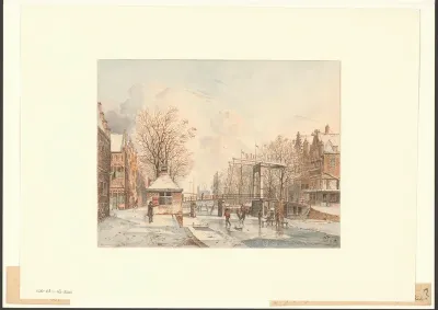 Winterlandschap met schaatsende figuren op de Geldersekade