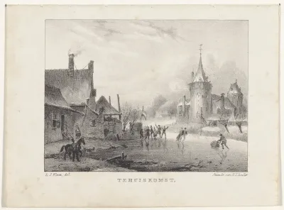 Winterlandschap met schaatsende figuren