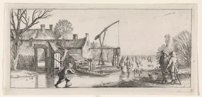 Winterlandschap met schaatsers bij een brouwerij