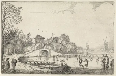 Winterlandschap met schaatsers bij een brug