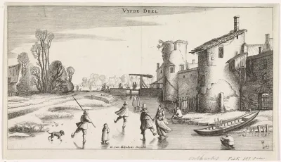 Winterlandschap met schaatsers bij een stadsmuur