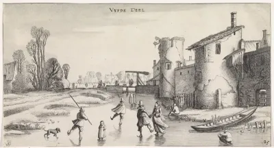 Winterlandschap met schaatsers bij een stadsmuur