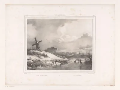 Winterlandschap met schaatsers op een rivier