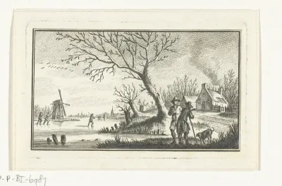 Winterlandschap met schaatsers op het ijs